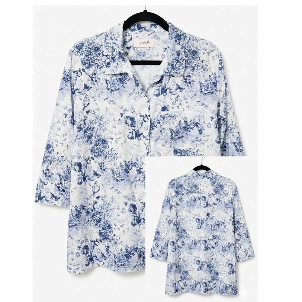 Papinelle Women Toile De Jouy Crop PJ Top Blue White‎ Floral Button Front Large